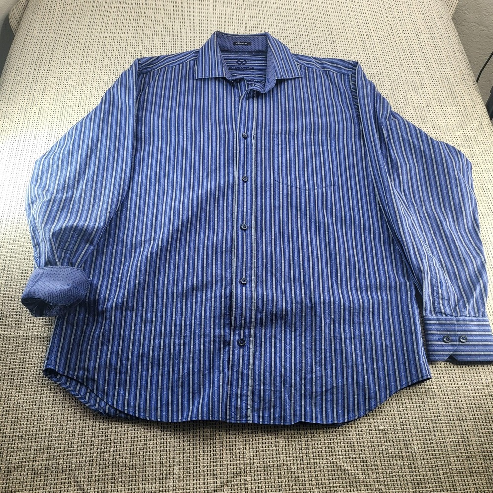 Bugatchi Uomo Shirt Mens XL Blue Stripe Classic‎ Fit Long Sleeve Button Front